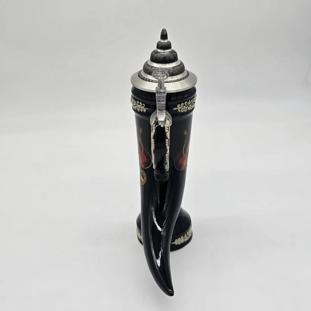 King Original Germany Horn Beer Stein Deutschland Pewter Lid Black Ceramic